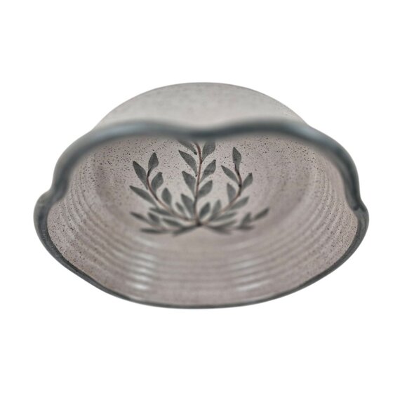 Handcrafted Stoneware Ceramic Bowl Leaf Design Speckled Glossy Finish Rustic - Picture 5 of 10